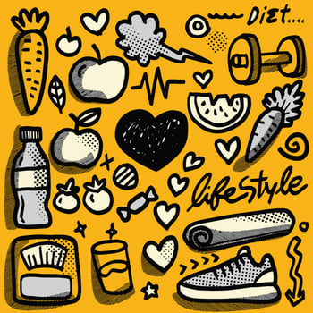 Hand drawn doodle style yellow themed healthy lifestyle and fitness illustration vector