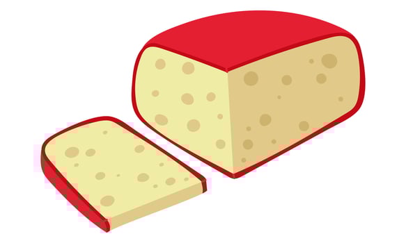 A piece of gouda cheese with a thin slice in a flat style with realistic motifs, Cheese in a red wax package. Insulated triangular piece with slicing on white for a taste test illustration vector