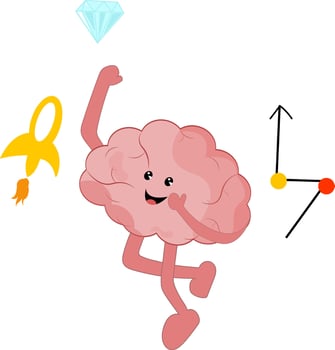illustration of brain with arrow. cute brain cartoon flies and reaches for a diamond. . Diamond as the goal of all people. Success in projects and in business. Investing in jewelry. vector