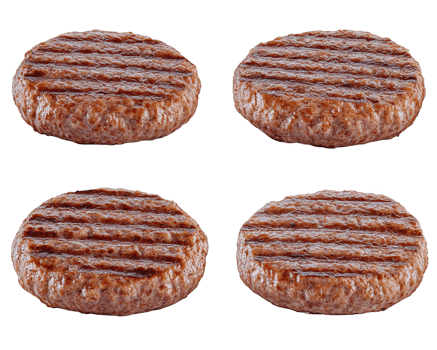 A delicious quartet of grilled circular burger patties ready for a backyard barbecue feast png