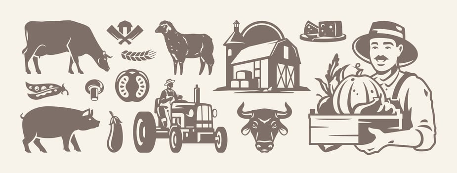 Farm agriculture and livestock organic food isolated retro icon set flat illustration vector