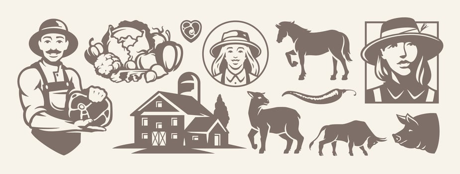 Agriculture and farming livestock eco production isolated retro icon set flat illustration vector
