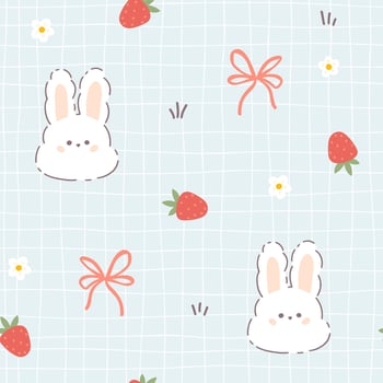 Kawaii hare rabbit seamless pattern with strawberries and ribbon bow knots. Childish hand-drawn illustration in a pastel palette on a grid background for baby clothes, textiles, wallpaper. vector