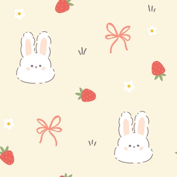 Kawaii hare rabbit seamless pattern with strawberries and ribbon bow knots. Childish hand-drawn illustration in a pastel palette for baby clothes, textiles, packaging, wallpaper. vector