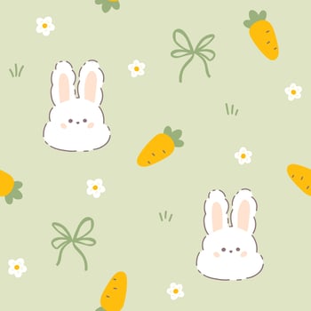 Kawaii hare rabbit seamless pattern with carrot and ribbon bow knots. Childish hand-drawn illustration in a pastel palette on green background for baby clothes, textiles, packaging, wallpaper. vector