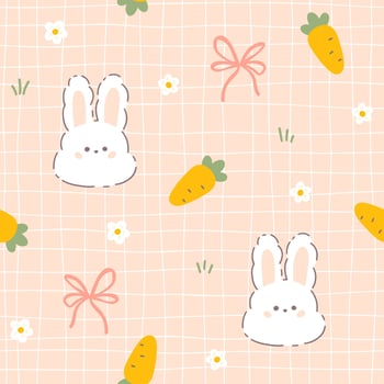 Kawaii hare rabbit seamless pattern with carrot and ribbon bow knots. Childish hand-drawn illustration in a pastel palette on a grid background for baby clothes, textiles, packaging, wallpaper. vector