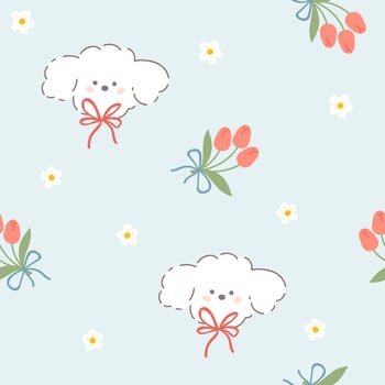 Kawaii poodle puppy with bow knots seamless pattern with bouquet of tulip flowers. Childish hand-drawn illustration in a pastel palette on a blue background for baby print, textile, packaging. vector