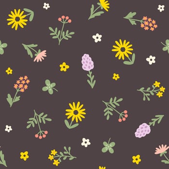 Floral pattern seamless meadow flowers in simple hand drawn cartoon Scandinavian style pastel palette. Childish cute simple minimalistic dark background. For nursery, fabric, baby clothes, wallpaper. vector