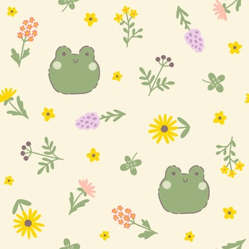 Kawaii frog seamless pattern with summer meadow flowers. Childish hand-drawn illustration in a pastel palette on a beige background for baby prints, textiles, packaging, wallpaper. vector