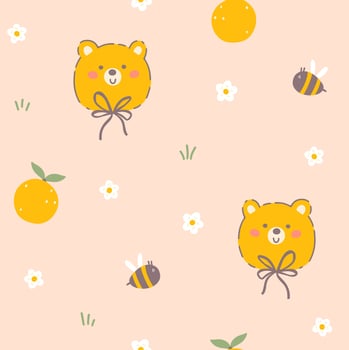 Kawaii bear with bow knots and bee with orange seamless pattern with summer flowers. Childish hand-drawn illustration in a pastel palette on a beige background for a baby print. vector