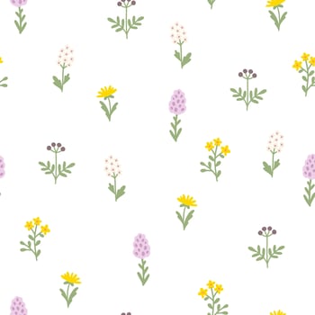 Floral pattern seamless meadow flowers in simple hand drawn cartoon Scandinavian style pastel palette. Childish cute simple minimalistic background. Ideal for nursery, fabric, baby clothes, wallpaper. vector