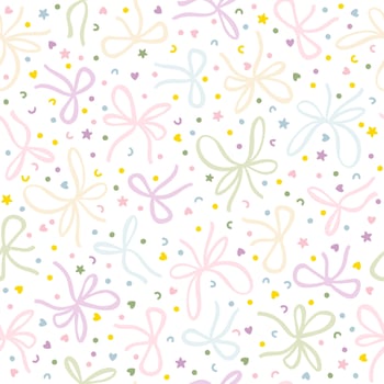 Seamless pattern with various bow knots, gift ribbons with serpentine and confetti. Cute hand drawn cartoon illustration. Background for gift wrapping, Christmas, birthday, Valentine's day. vector