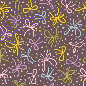 Seamless pattern with various bow knots, gift ribbons with serpentine and confetti. Cute hand drawn cartoon illustration. Background for gift wrapping, Christmas, birthday, Valentine's day. vector
