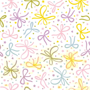Seamless pattern with various bow knots, gift ribbons with serpentine and confetti. Cute hand drawn cartoon illustration. Background for gift wrapping, Christmas, birthday, Valentine's day. vector