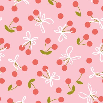 Cherry berry seamless pattern with white ribbon bows in simple hand drawn cartoon kawaii style. Pastel palette, pink background. Ideal for printing baby textiles, clothes, packaging. vector