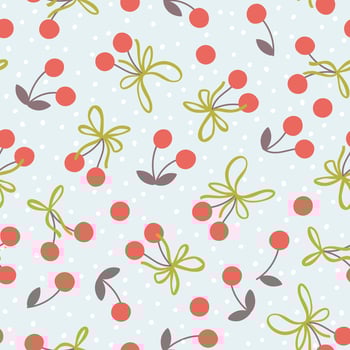 Cherry seamless pattern with berry and ribbon bows in simple hand drawn cartoon kawaii style. Pastel palette, blue polka dot background. Ideal for printing baby textiles, clothes, packaging. vector