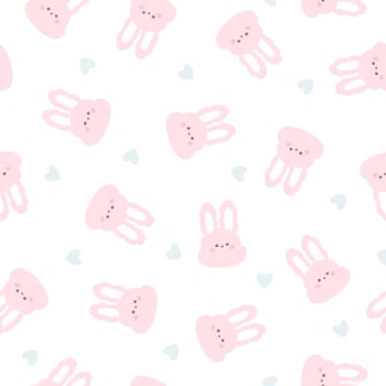 Cute bunny face kawaii seamless pattern. Hand drawn character with hearts in chaotic abstract background. The pastel palette is ideal for printing baby clothes, scrapbooking, stationery, wallpaper. vector