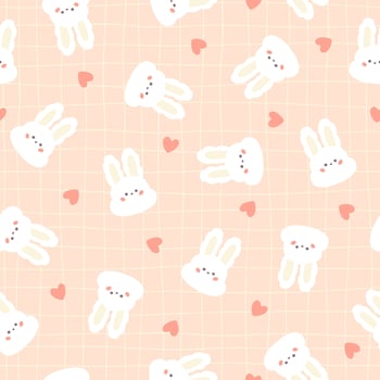 Cute bunny face kawaii seamless pattern. Hand drawn character with hearts in chaotic abstract on lattice background. The pastel palette is ideal for printing baby clothes, scrapbooking, wallpaper. vector