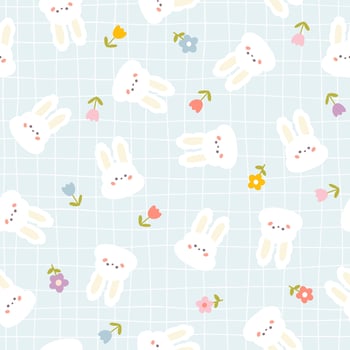 Cute bunny face kawaii seamless pattern. Hand drawn character with meadow small flowers on lattice background. pastel palette is ideal for printing baby clothes, scrapbooking, stationery, wallpaper. vector