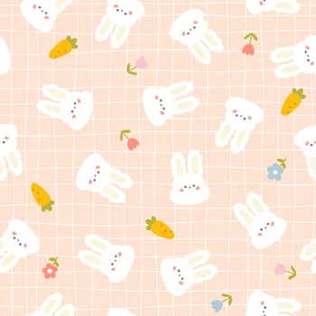 Cute bunny face kawaii seamless pattern. Hand drawn character with meadow small flowers and carrot on lattice background. Ideal for printing baby clothes, scrapbooking, stationery, wallpapers. vector