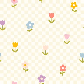 Floral pattern seamless meadow flowers on a checkered background in simple hand drawn cartoon Scandinavian style pastel palette. Childish cute simple minimalistic. Ideal for nursery, fabric. vector
