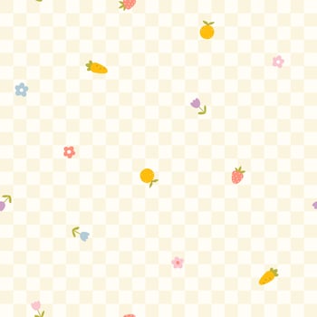 Floral pattern seamless meadow flowers and fruits on a checkered background simple hand drawn cartoon Scandinavian style pastel palette. Childish cute simple minimalistic. Ideal for nursery, fabric. vector