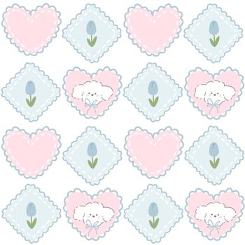 Cute puppy seamless pattern. hand drawn cartoon kawaii character of white poodle on heart shaped pillow and tulip flower. Baby surface background perfect for printing textile, fabric, clothing. vector
