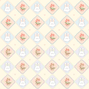 Kawaii seamless pattern with hare rabbit and bouquet of tulips in rhombuses cute pillows. Hand drawn cartoon illustration in pastel soft palette. For printing packaging, baby clothes, textiles. vector