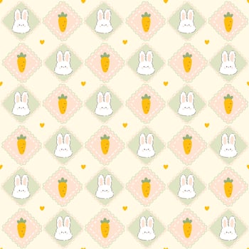 Kawaii Easter seamless pattern with hare rabbit and carrot in rhombuses cute pillows with hearts. Hand drawn cartoon illustration, pastel soft palette. For printing packaging, baby clothes, textiles. vector