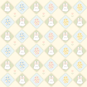 Kawaii Easter seamless pattern with bunny rabbit and eggs in rhombuses cute pillows with hearts. Hand drawn cartoon illustration in pastel soft palette. For printing packaging, textiles. vector