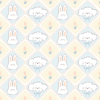 Kawaii seamless pattern with bunny rabbit and poodle puppy in rhombus cute pillows. Hand drawn cartoon characters in pastel soft palette, tulip flowers. For printing packaging, baby clothes, textiles. vector