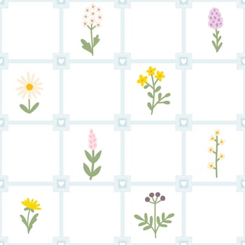 Floral pattern seamless meadow flowers in simple hand drawn cartoon scandinavian style pastel palette on lattice background. Childish cute simple minimalistic. Ideal for nursery, textiles, wallpaper. vector
