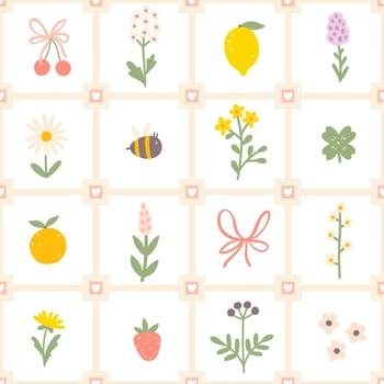 Floral pattern seamless meadow flowers, bee, fruits and bows in simple hand drawn cartoon scandinavian style in pastel palette on lattice background. Childish simple minimalistic. Ideal for nursery. vector