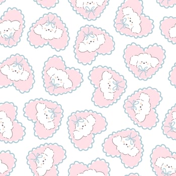 Cute puppy seamless pattern. hand drawn cartoon kawaii character of a white poodle on a heart shaped pillow. Baby surface background perfect for printing textile, fabric, clothing. vector