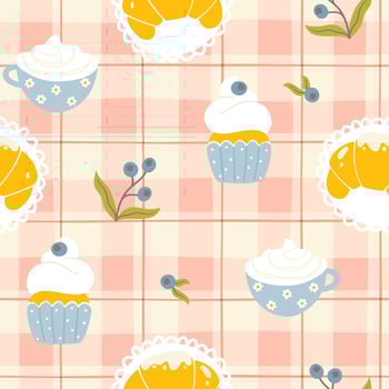 Cute breakfast cartoon Gingham seamless pattern with croissant, coffee, cupcake with blueberry. Tartan check Hand drawn trendy simple illustration in summer palette. Morning vibes vector