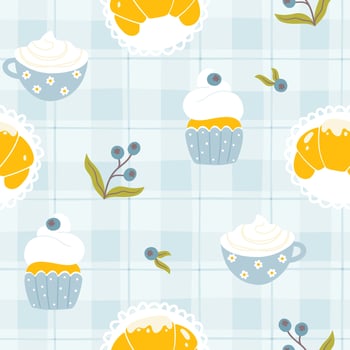 Cute breakfast cartoon Gingham seamless pattern with croissant, coffee, cupcake with blueberry. Tartan check Hand drawn trendy simple illustration in summer palette on blue background. Morning vibes vector