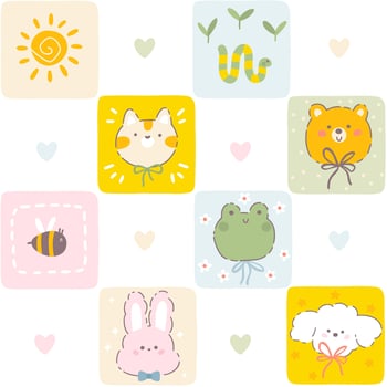 Kawaii seamless pattern with cute animals and meadow chamomile flowers. Childish background in a pastel palette for tablecloths, clothes, packaging, for nursery or Easter holiday. vector