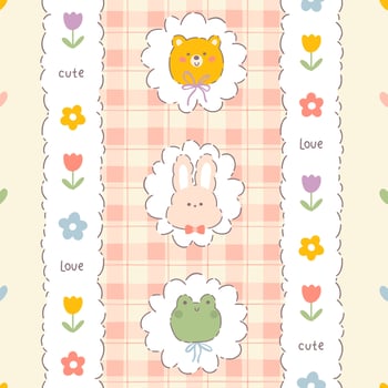 Gingham seamless pattern with with cute animals and meadow chamomile flowers. Tartan check for tablecloths, clothes, packaging, for Easter holiday. Childish background in a pastel palette. vector