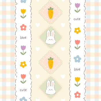 Gingham seamless pattern with cute rabbit, carrot and meadow chamomile flowers. Tartan check for tablecloths, clothes, packaging, for Easter holiday. Childish background in a pastel palette. vector