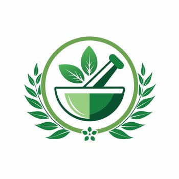 Pharmacy logo floral design with bowl and leaves herbal medicine.Logos for medicine, doctor, hospital and pharmacy icon vector