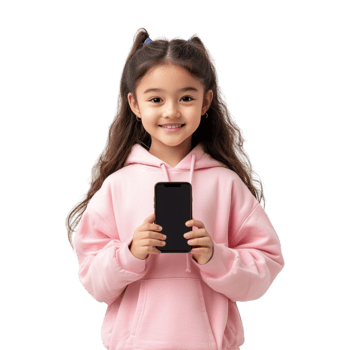 A girl in a pink hoodie holding a cell phone png