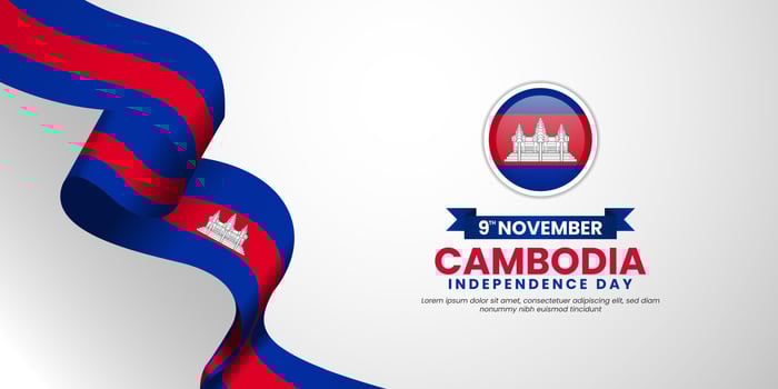 Cambodia Independence day banner background with waving ribbon flag and copy space area vector