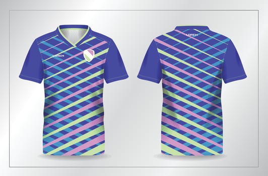 blue pattern background with light pink and green sport jersey shirt template vector