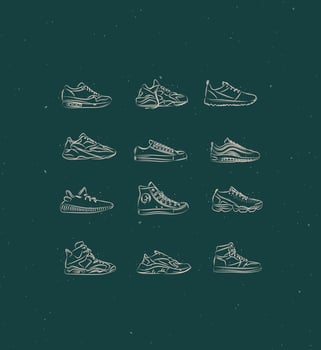Men shoes different types of sneakers set drawing in vintage style on green background vector