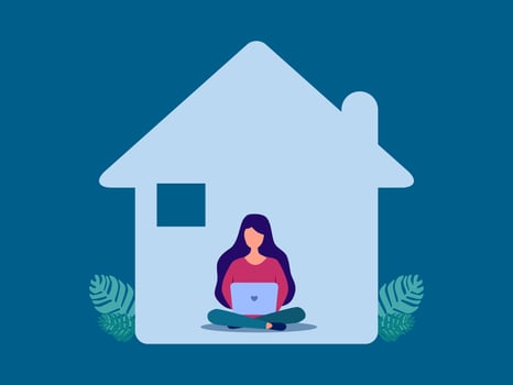 a woman sitting in front of a house with a laptop vector