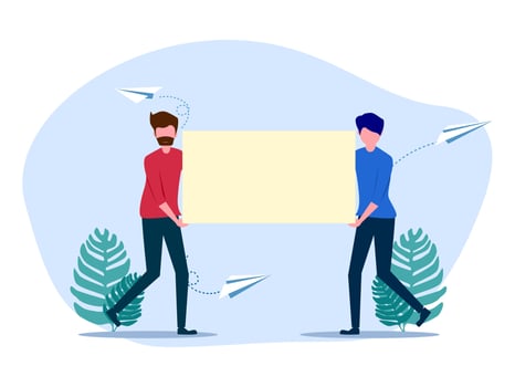 two people holding a blank sign with paper airplanes vector