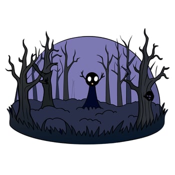 Dark creepy halloween forest with fog. Horror dark forest with scary tree. Halloween background vector