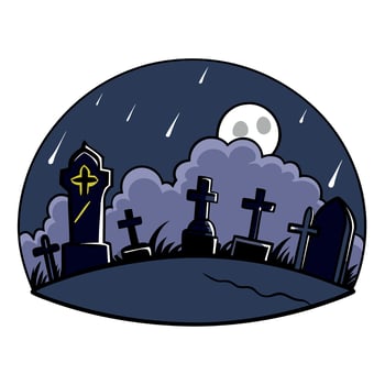 Digital Illustration Of An Old Creepy Graveyard On Stormy Winter Day At Dark Misty Night Background Concept. vector