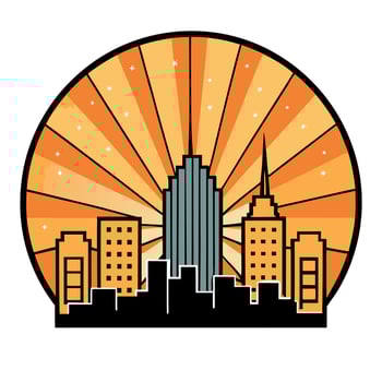 Downtown cityscape with orange yellow sun ray sun burst comic halftone retro design. Summer design. Dark night halloween theme vector