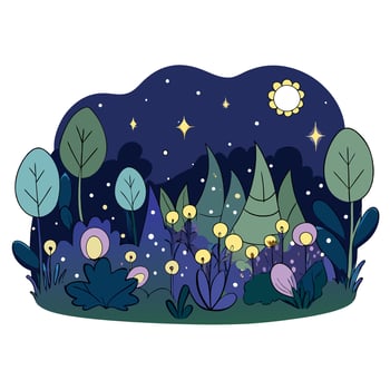 Night forest with flowers and trees illustration vector